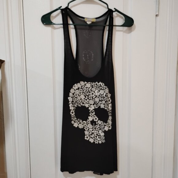 Tmani Tops - Black Racerback Tank Top Floral Skull Graphic Sheer Back Sleeveless